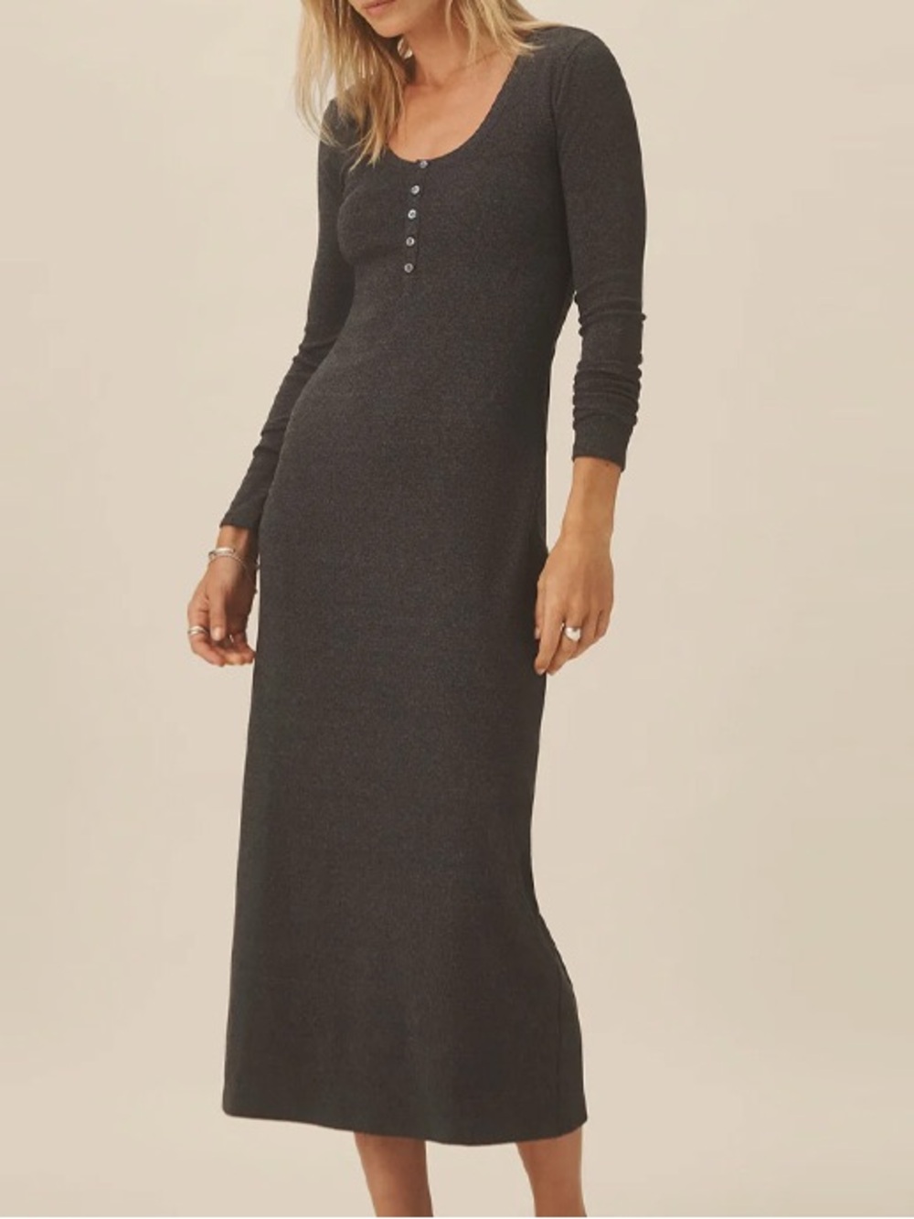 EUC Buck Mason Long Sleeve Henley Midi Dress in Charcoal Grey size M